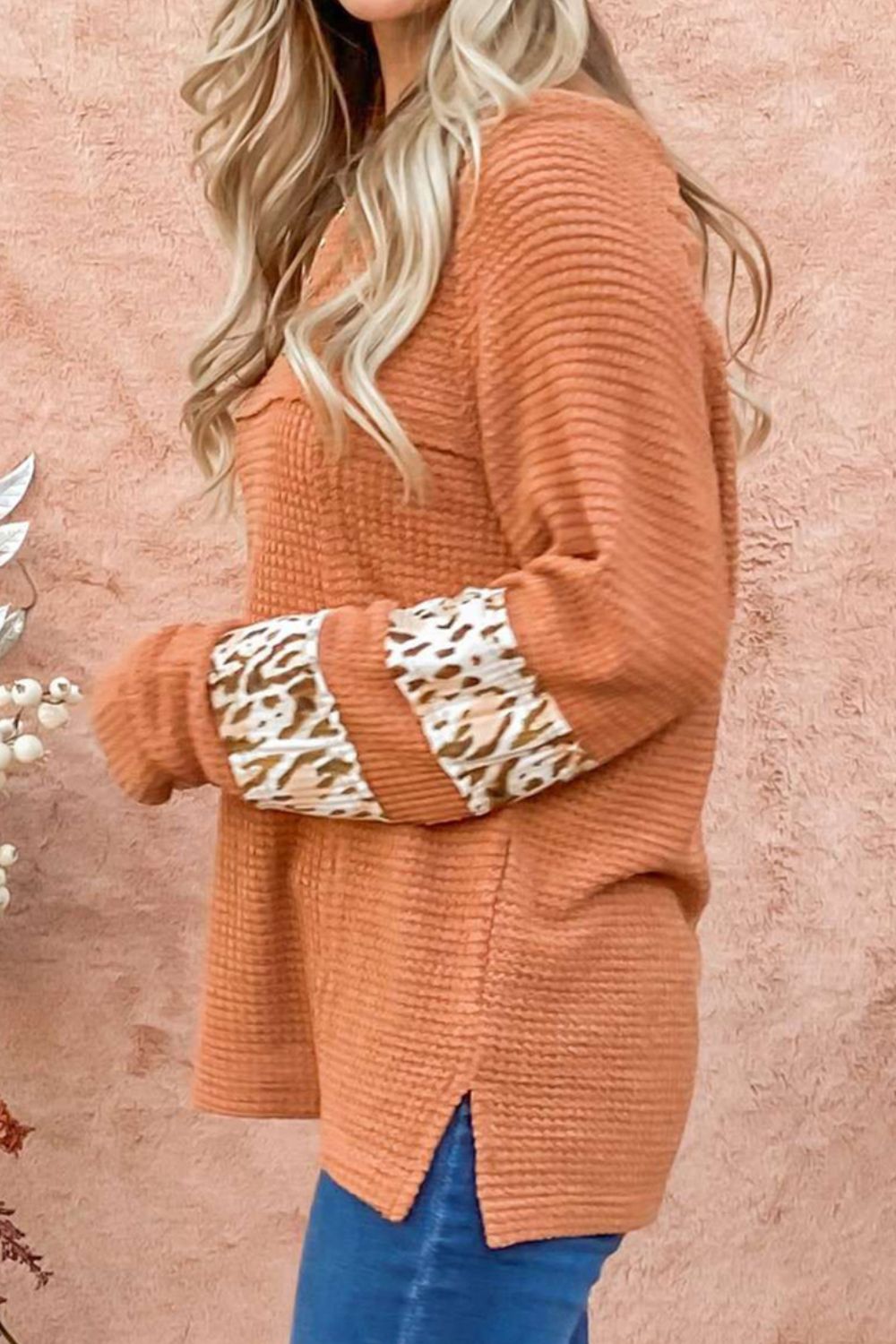Waffle-Knit Leopard Long Sleeve Slit Blouse - Pahabu - Women's Clothing & Shop