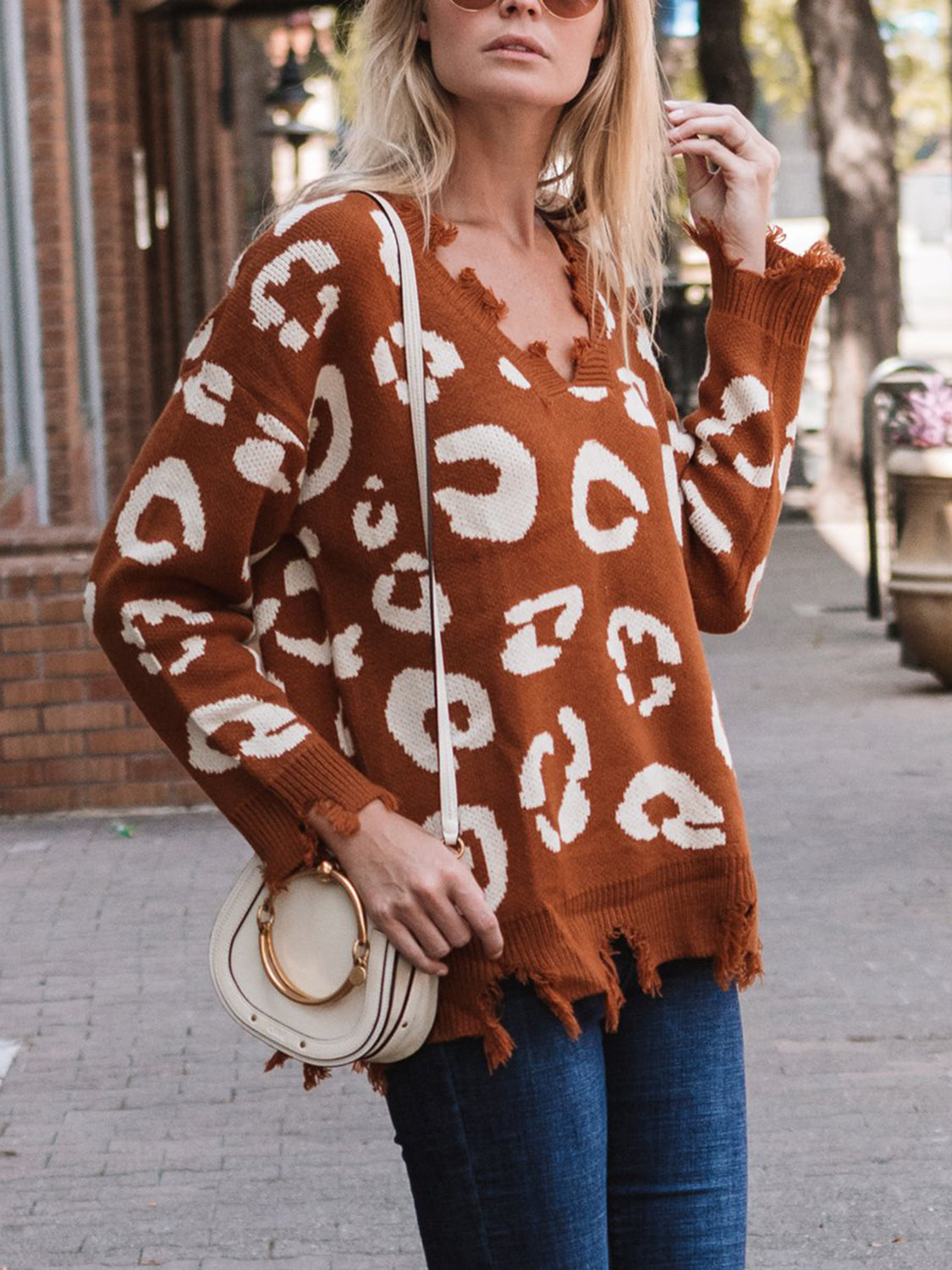 Leopard Frayed Hem Long Sleeve Sweater - Pahabu - Women's Clothing & Shop