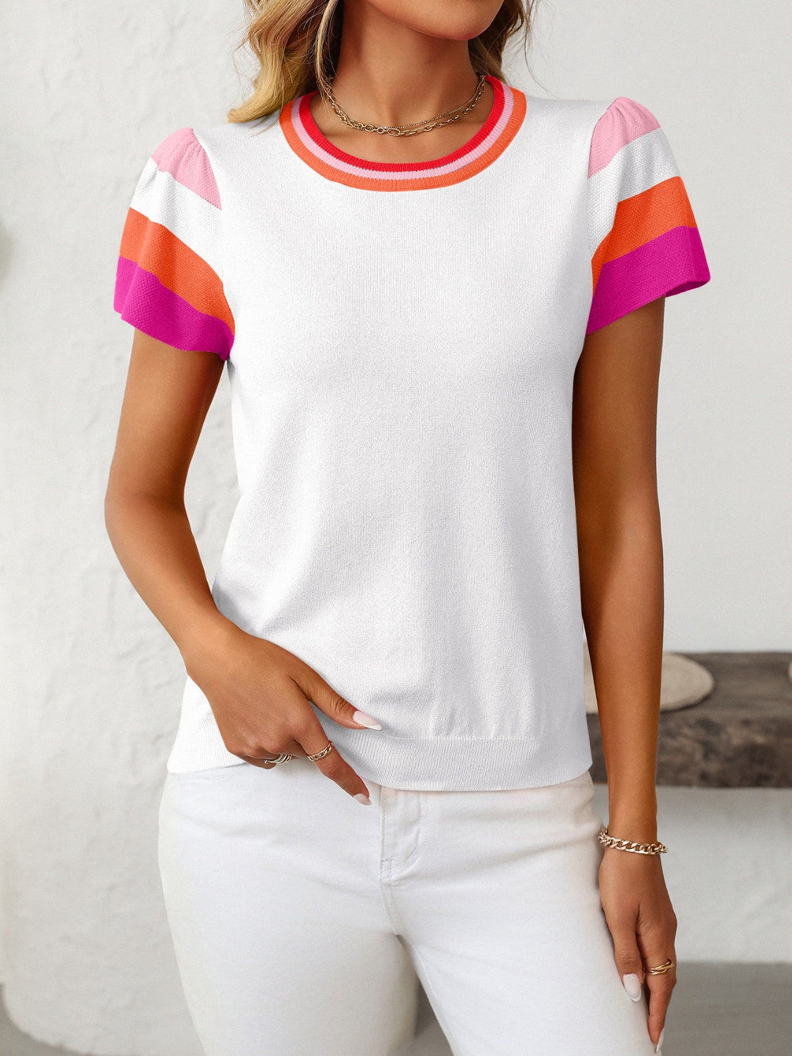 Mandy Contrast Round Neck Short Sleeve Knit Top - Pahabu - Women's Clothing & Shop
