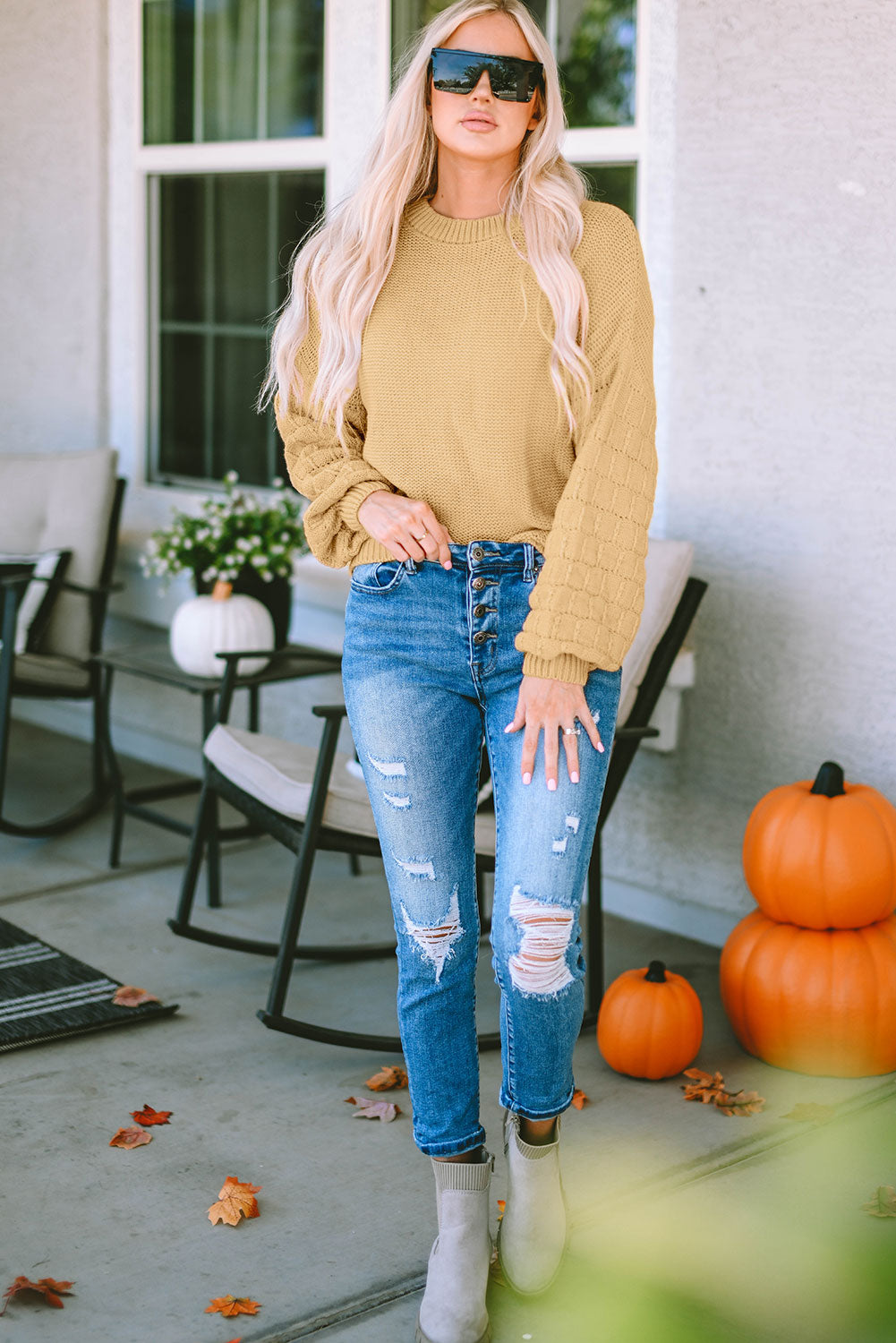 Round Neck Dropped Shoulder Waffle-Knit Sweater - Pahabu - Women's Clothing & Shop