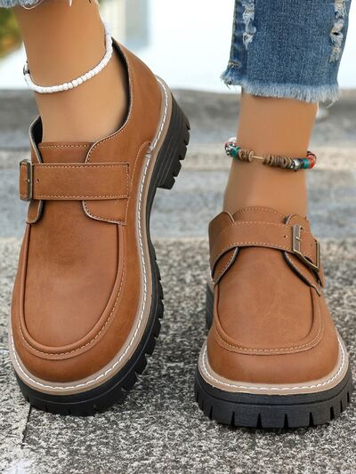 PU Leather Round Toe Buckle Loafers - Pahabu - Women's Clothing & Shop