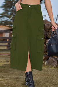 Slit Front Midi Denim Skirt with Pockets - Pahabu - Women's Clothing & Shop