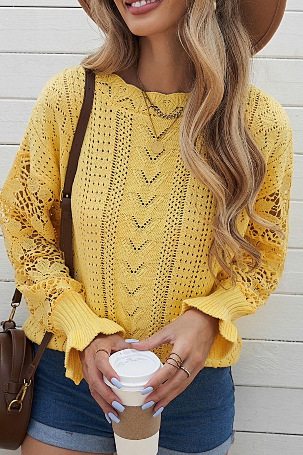 Openwork Round Neck Long Sleeve Sweater - Pahabu - Women's Clothing & Shop