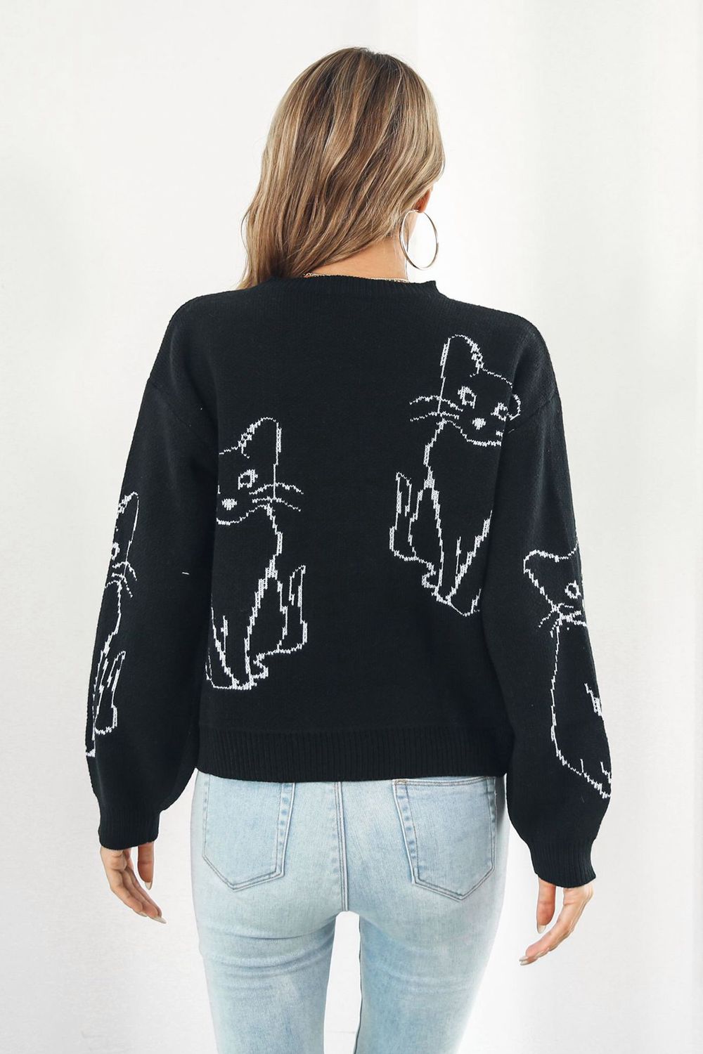 Cat Pattern Round Neck Long Sleeve Pullover Sweater - Pahabu - Women's Clothing & Shop