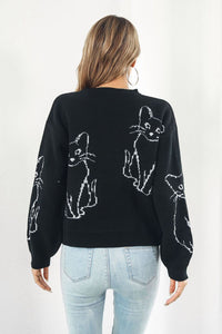 Cat Pattern Round Neck Long Sleeve Pullover Sweater - Pahabu - Women's Clothing & Shop