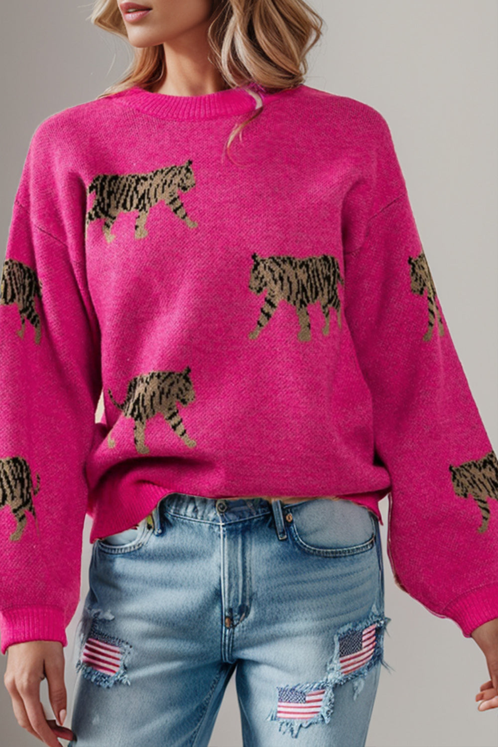 Tiger Pattern Round Neck Drop Shoulder Sweater - Pahabu - Women's Clothing & Shop
