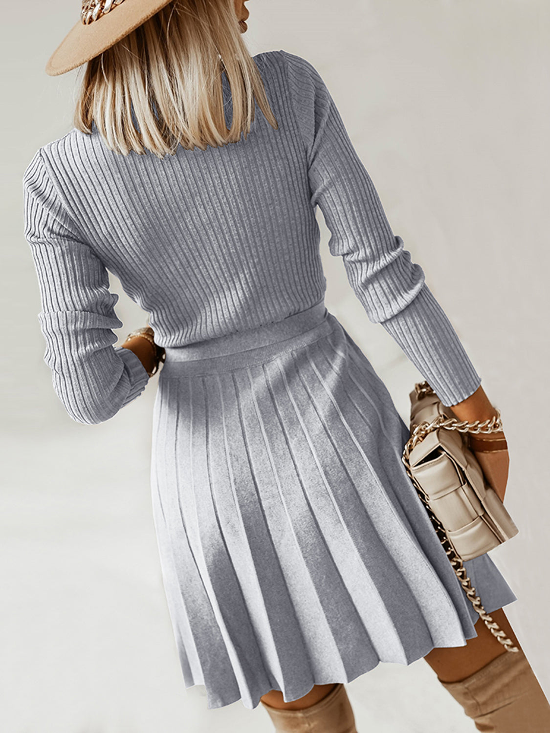 Surplice Neck Tie Front Pleated Sweater Dress - Pahabu - Women's Clothing & Shop