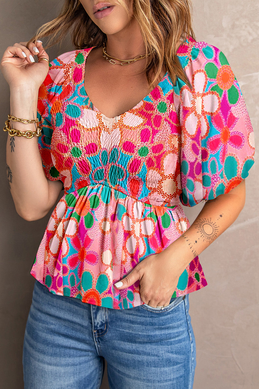 Printed V-Neck Babydoll Blouse - Pahabu - Women's Clothing & Shop