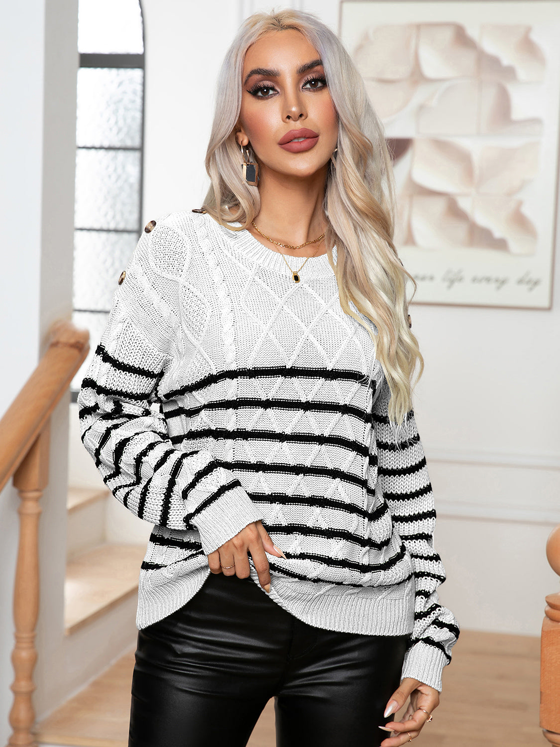 Striped Round Neck Cable-Knit Sweater - Pahabu - Women's Clothing & Shop