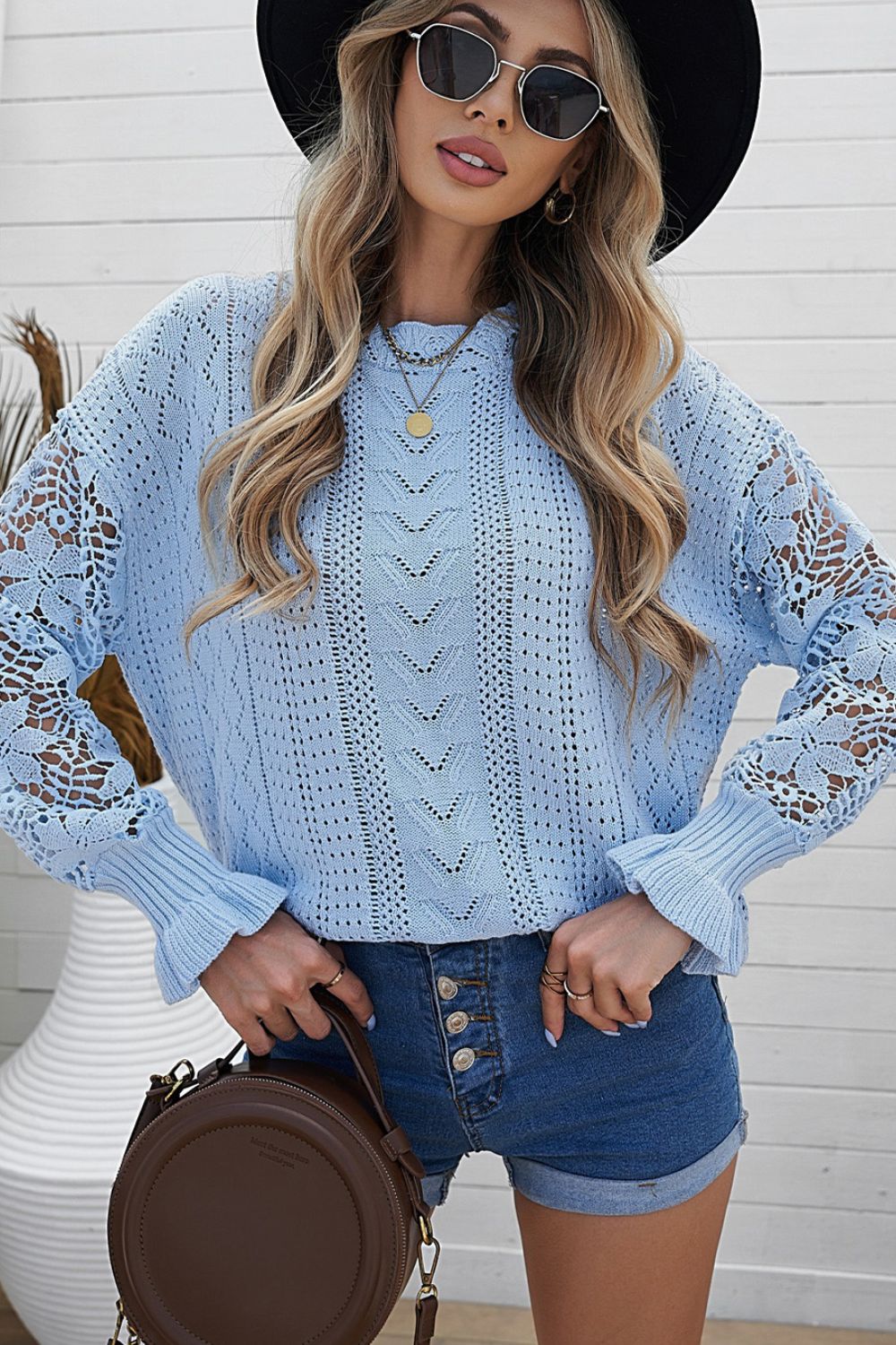 Openwork Round Neck Long Sleeve Sweater - Pahabu - Women's Clothing & Shop