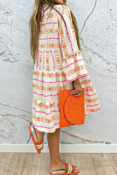 Frill Printed Notched Long Sleeve Dress - Pahabu - Women's Clothing & Shop