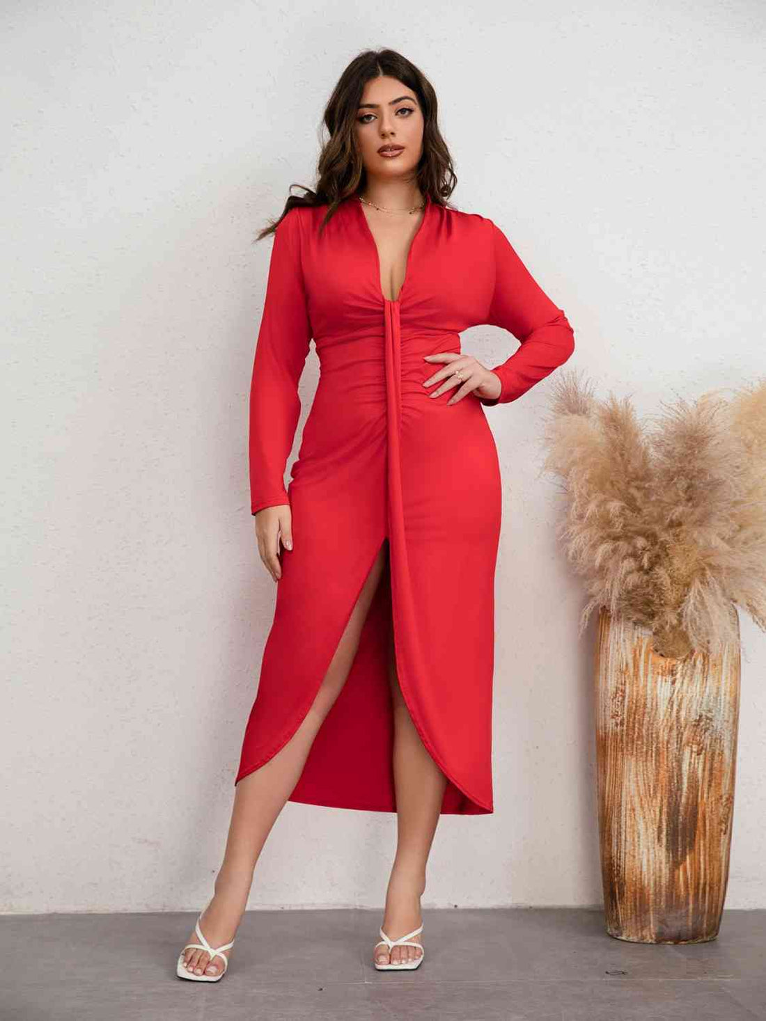 Plus Size Plunge Ruched Slit Dress - Pahabu - Women's Clothing & Shop