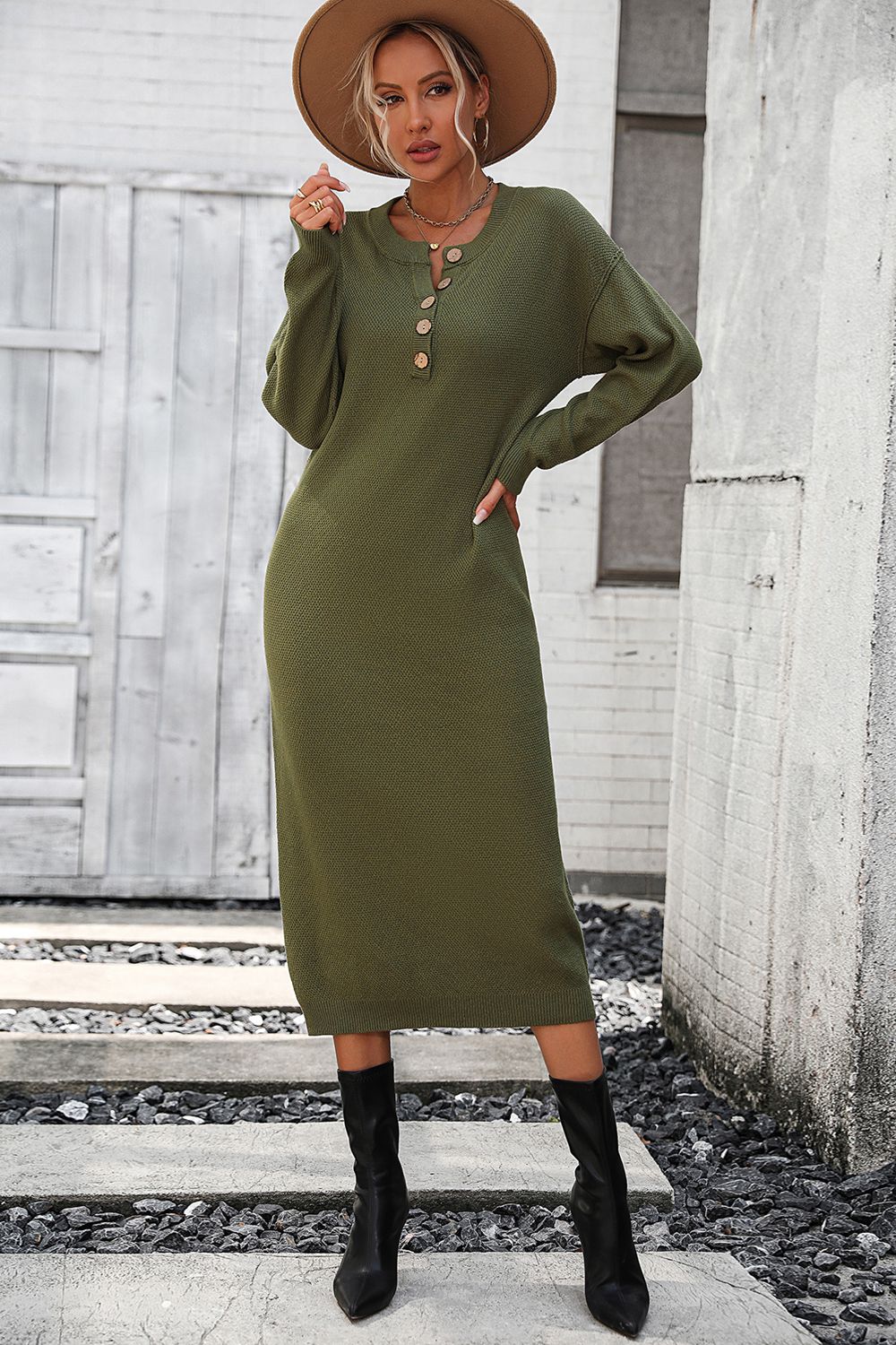 Notched Neck Dropped Shoulder Button-Down Midi Dress - Pahabu - Women's Clothing & Shop