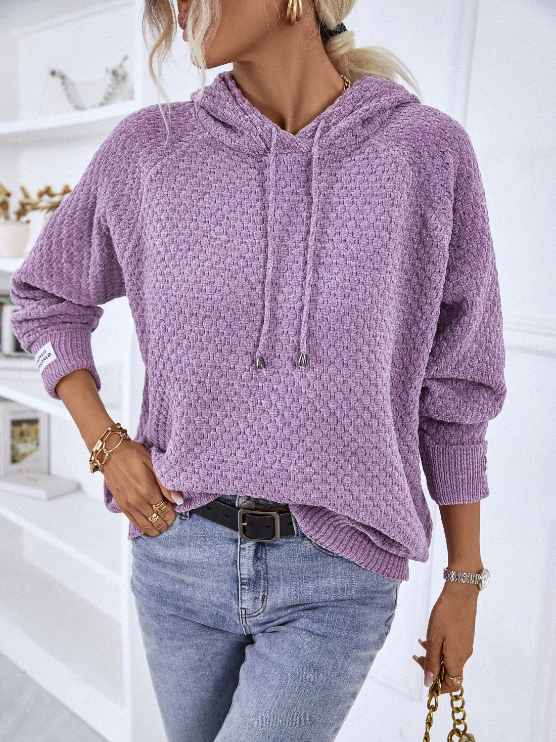 Texture Drawstring Long Sleeve Hooded Sweater - Pahabu - Women's Clothing & Shop