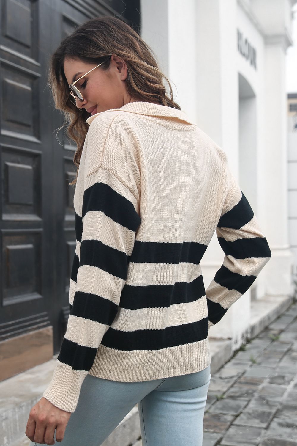 Striped Johnny Collar Sweater - Pahabu - Women's Clothing & Shop