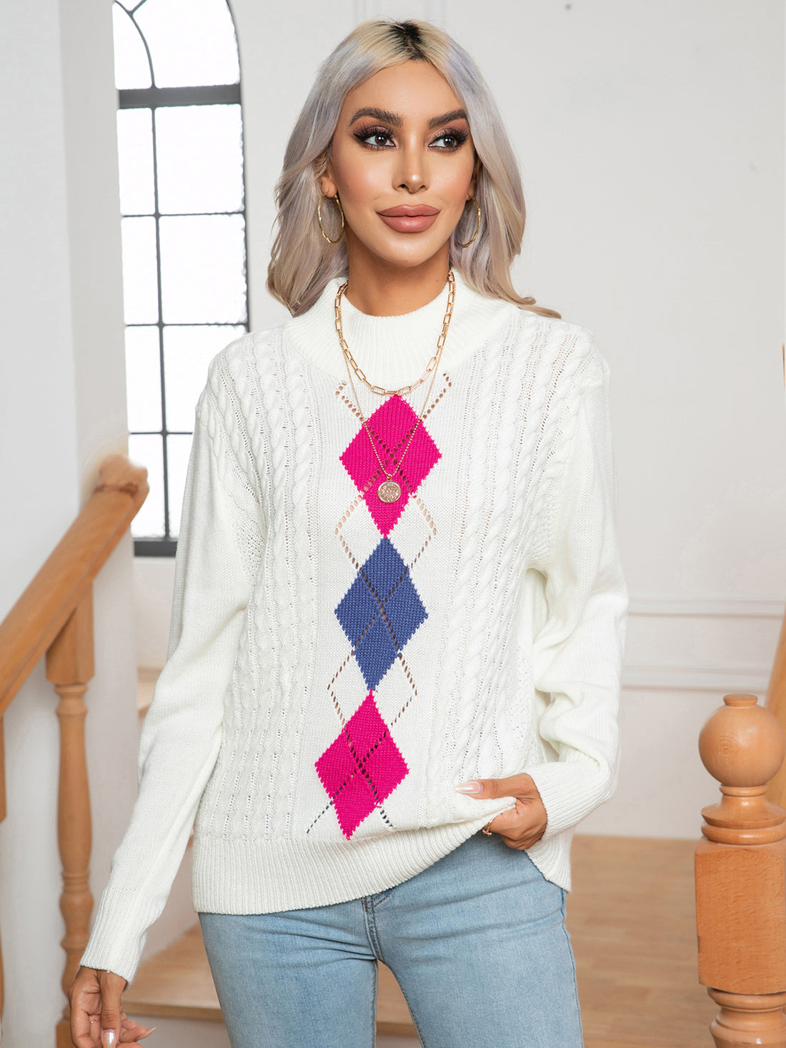 Openwork Geometric Mock Neck Sweater - Pahabu - Women's Clothing & Shop