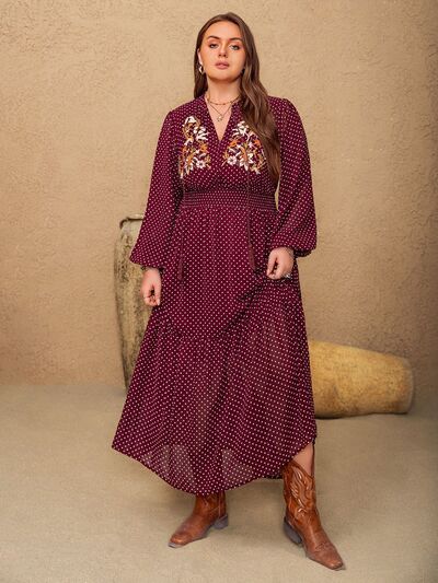 Plus Size Embroidered Polka Dot Tie Neck Long Sleeve Midi Dress - Pahabu - Women's Clothing & Shop