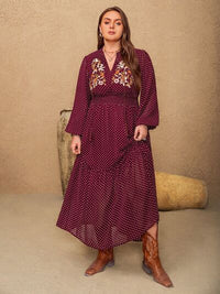 Plus Size Embroidered Polka Dot Tie Neck Long Sleeve Midi Dress - Pahabu - Women's Clothing & Shop