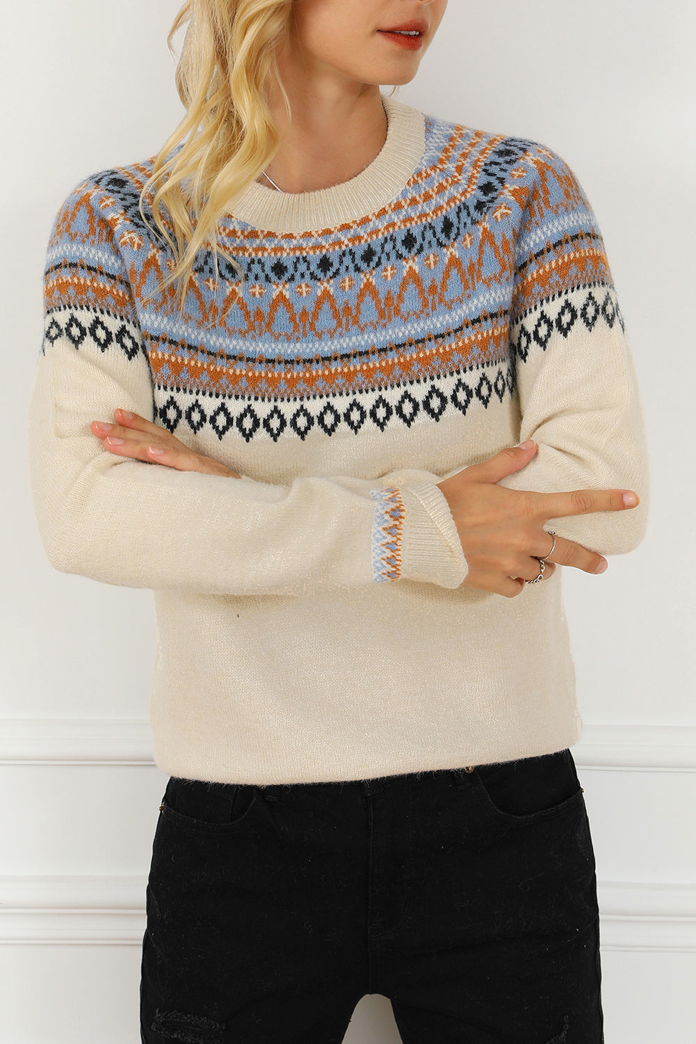 Geometric Round Neck Long Sleeve Sweater - Pahabu - Women's Clothing & Shop
