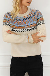 Geometric Round Neck Long Sleeve Sweater - Pahabu - Women's Clothing & Shop