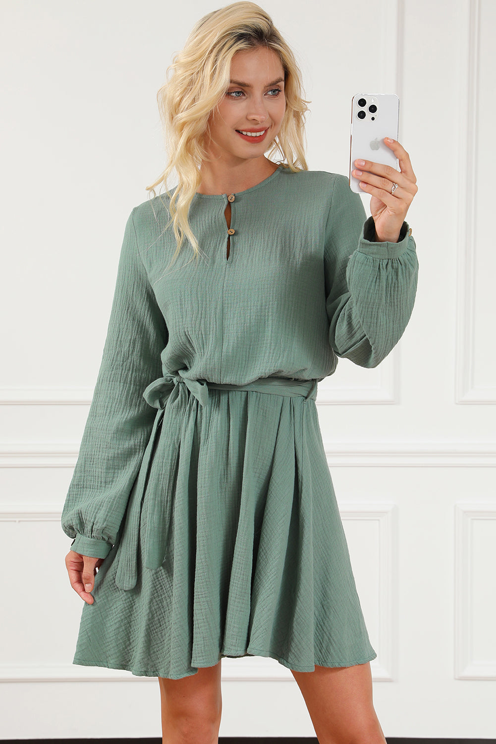 Round Neck Long Sleeve Tie Waist Dress - Pahabu - Women's Clothing & Shop