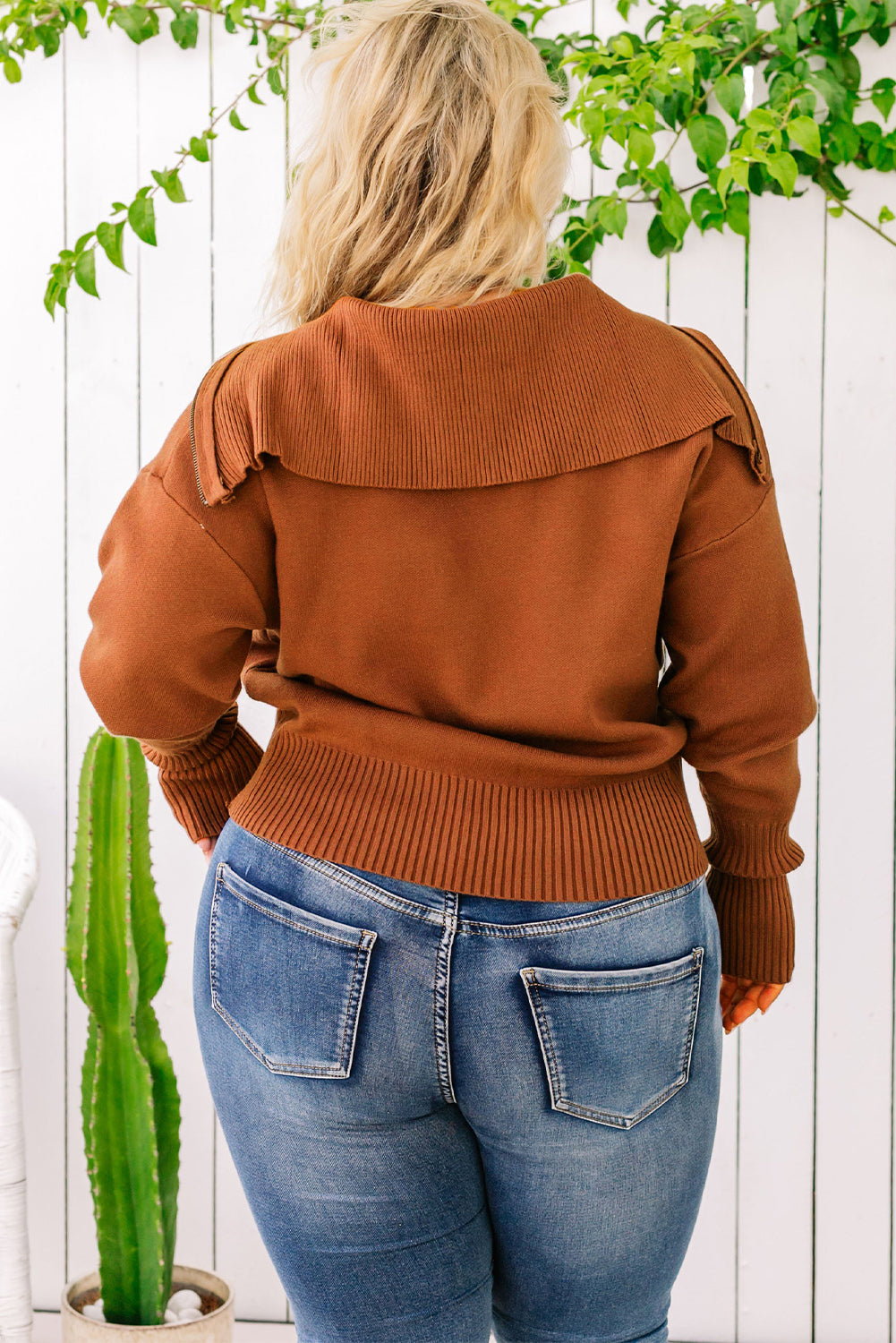 Plus Size Collared Neck Zip-Up Long Sleeve Sweater - Pahabu - Women's Clothing & Shop