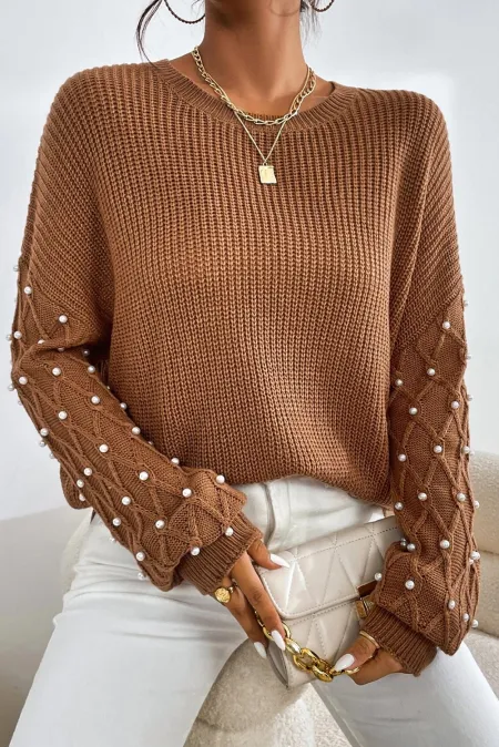 Pearl Detail Round Neck Long Sleeve Sweater - Pahabu - Women's Clothing & Shop