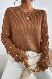 Pearl Detail Round Neck Long Sleeve Sweater - Pahabu - Women's Clothing & Shop