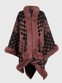 Checkered Faux Fur Trim Poncho - Pahabu - Women's Clothing & Shop