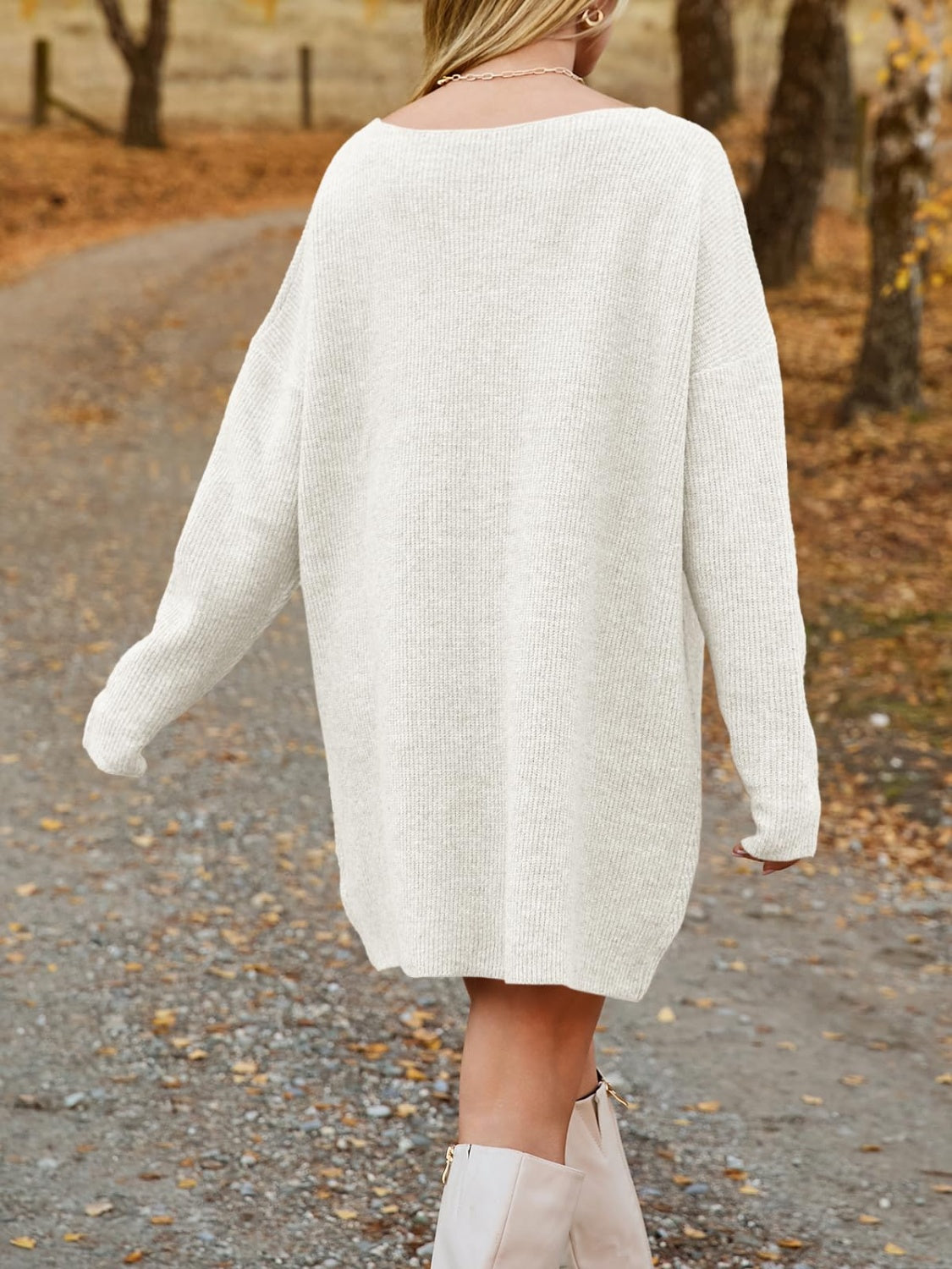 V-Neck Dropped Shoulder Sweater Dress - Pahabu - Women's Clothing & Shop