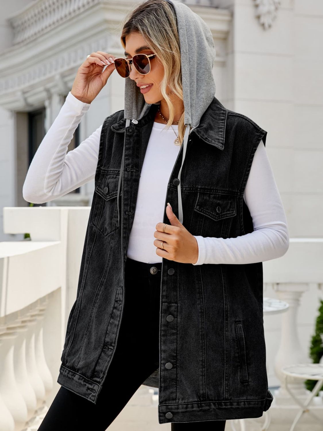 Drawstring Hooded Sleeveless Denim Top with Pockets - Pahabu - Women's Clothing & Shop
