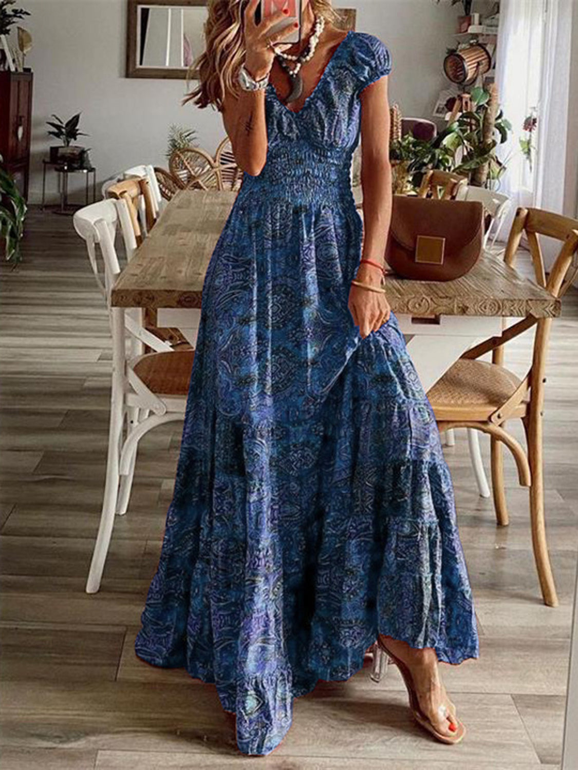 Full Size Smocked Printed V-Neck Short Sleeve Dress - Pahabu - Women's Clothing & Shop