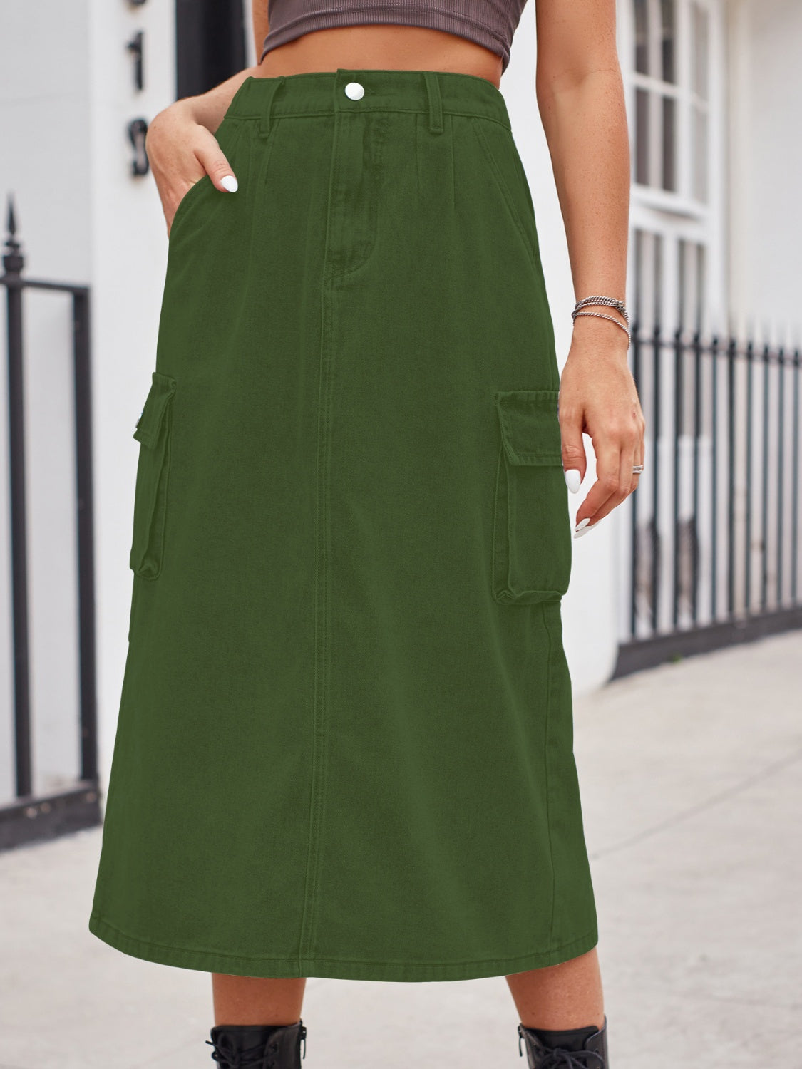 Slit Buttoned Denim Skirt with Pockets - Pahabu - Women's Clothing & Shop
