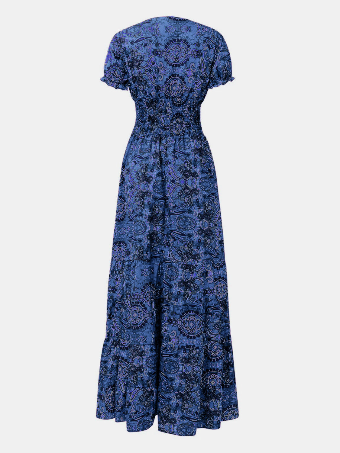 Full Size Smocked Printed V-Neck Short Sleeve Dress - Pahabu - Women's Clothing & Shop