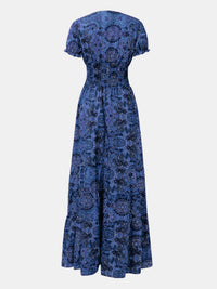 Full Size Smocked Printed V-Neck Short Sleeve Dress - Pahabu - Women's Clothing & Shop