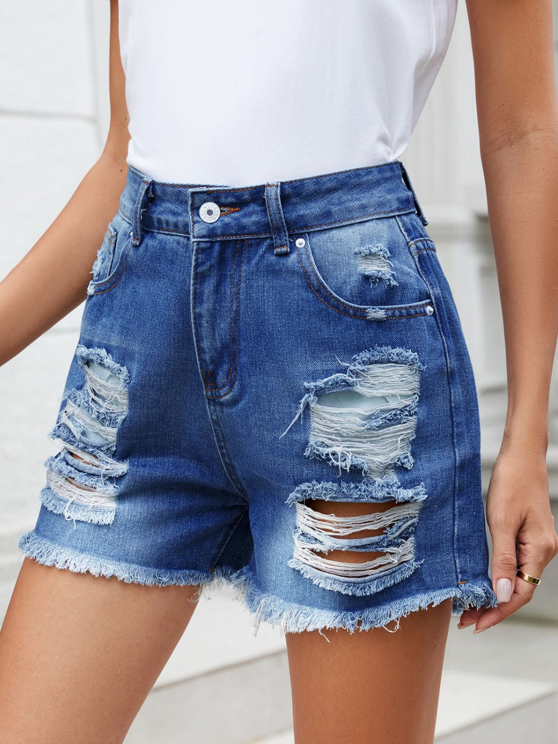 Distressed Raw Hem Denim Shorts - Pahabu - Women's Clothing & Shop