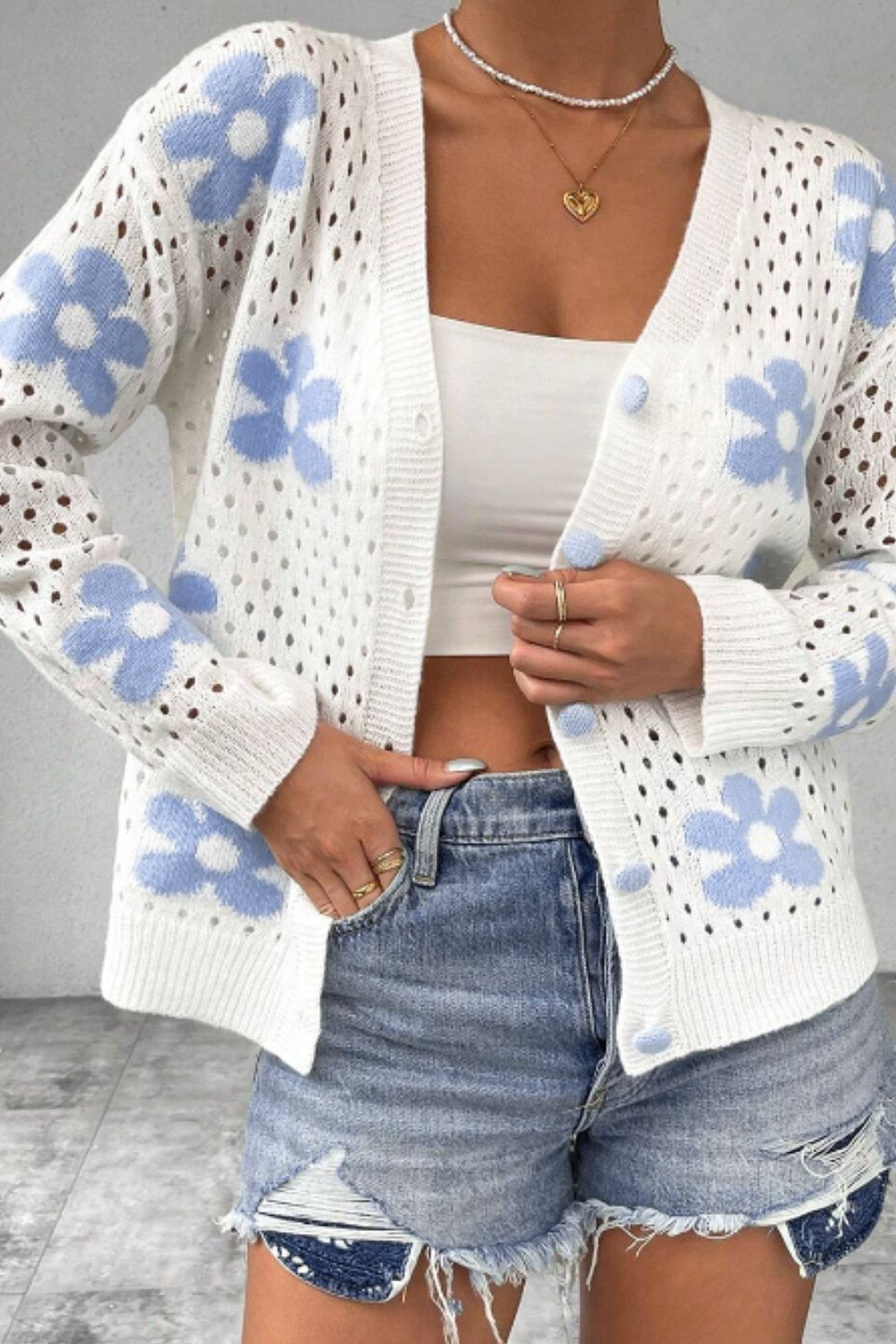 Flower Hollowed Out Button Down Long Sleeve Cardigan - Pahabu - Women's Clothing & Shop