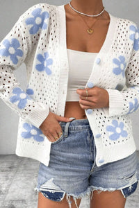 Flower Hollowed Out Button Down Long Sleeve Cardigan - Pahabu - Women's Clothing & Shop