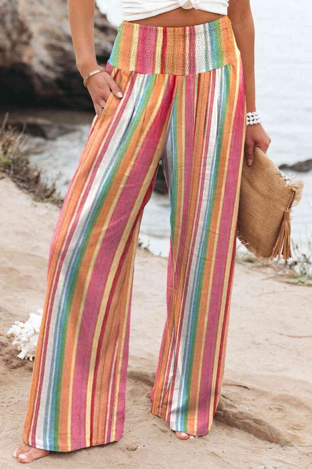 Striped Smocked Waist Pants with Pockets - Pahabu - Women's Clothing & Shop
