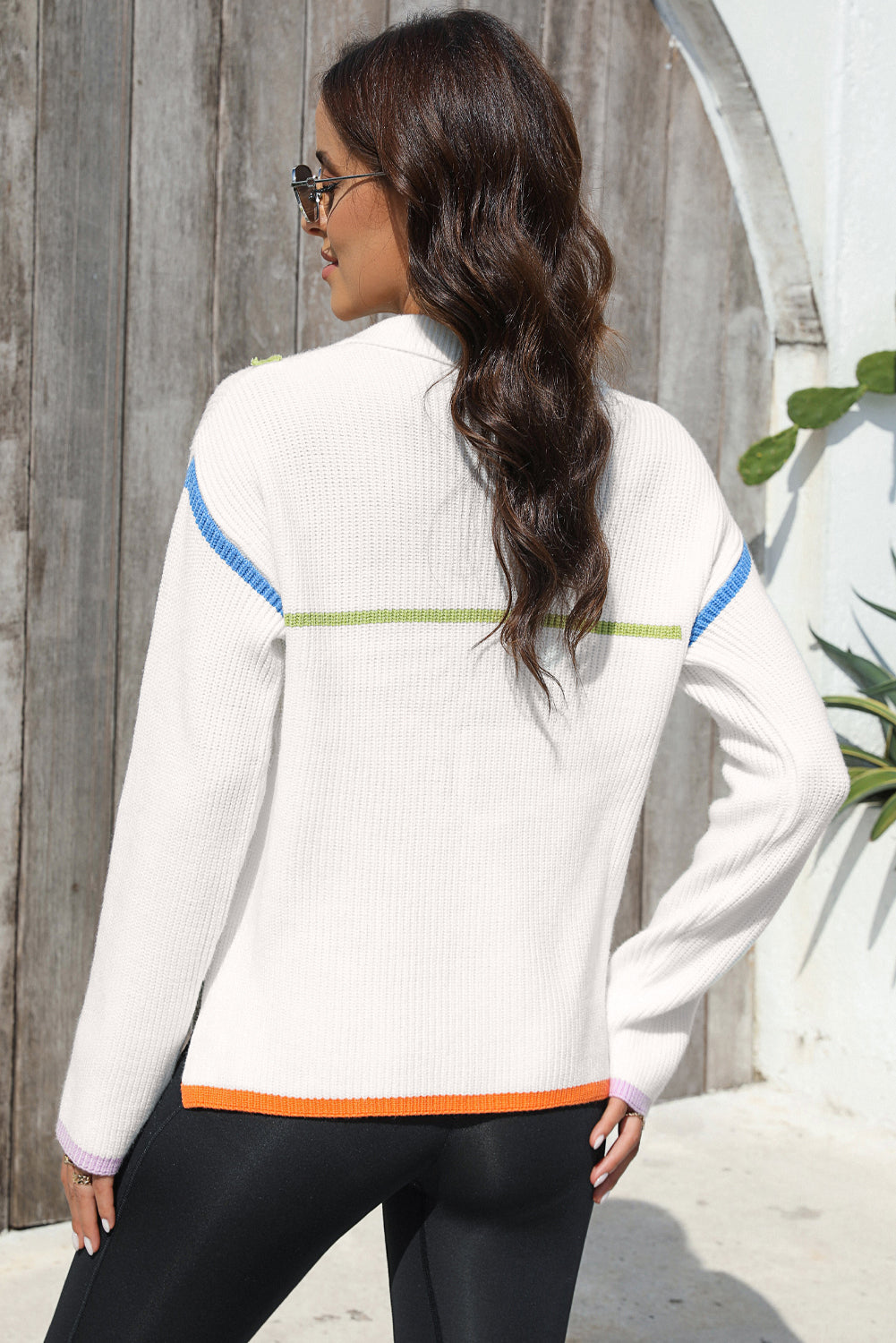 Contrast Half Zip Drop Shoulder Sweater - Pahabu - Women's Clothing & Shop