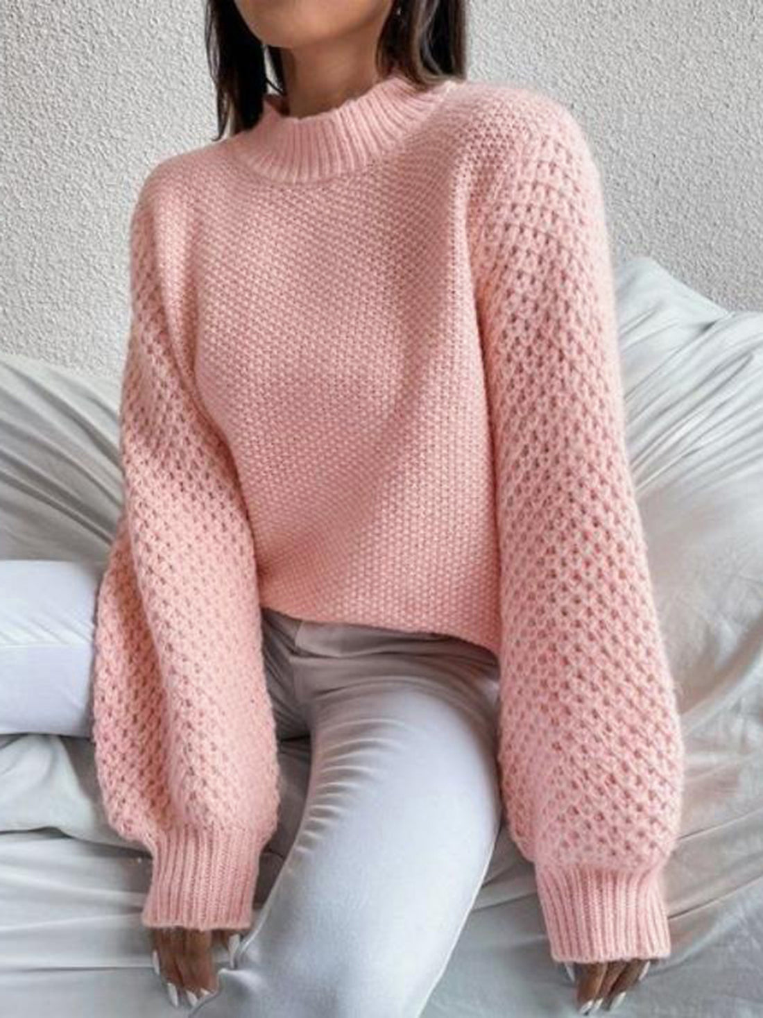 Openwork Mock Neck Long Sleeve Sweater - Pahabu - Women's Clothing & Shop