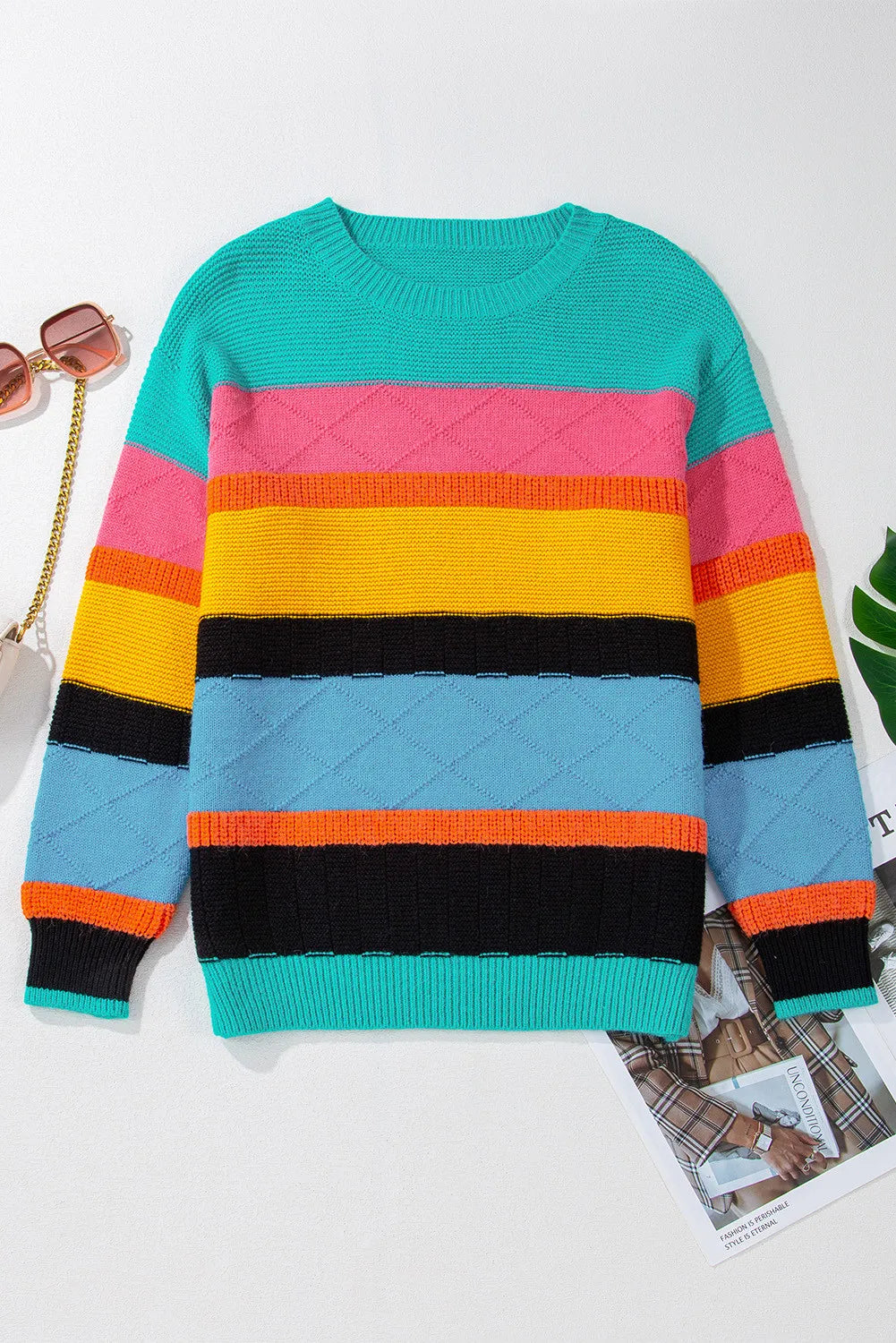 Contrast Round Neck Dropped Shoulder Sweater - Pahabu - Women's Clothing & Shop