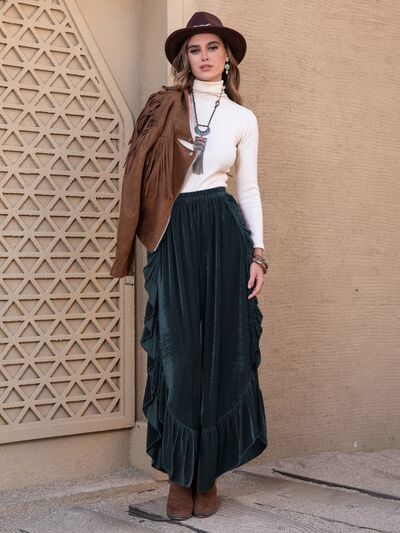 Ruffle Trim Wide Leg Slit Pants - Pahabu - Women's Clothing & Shop