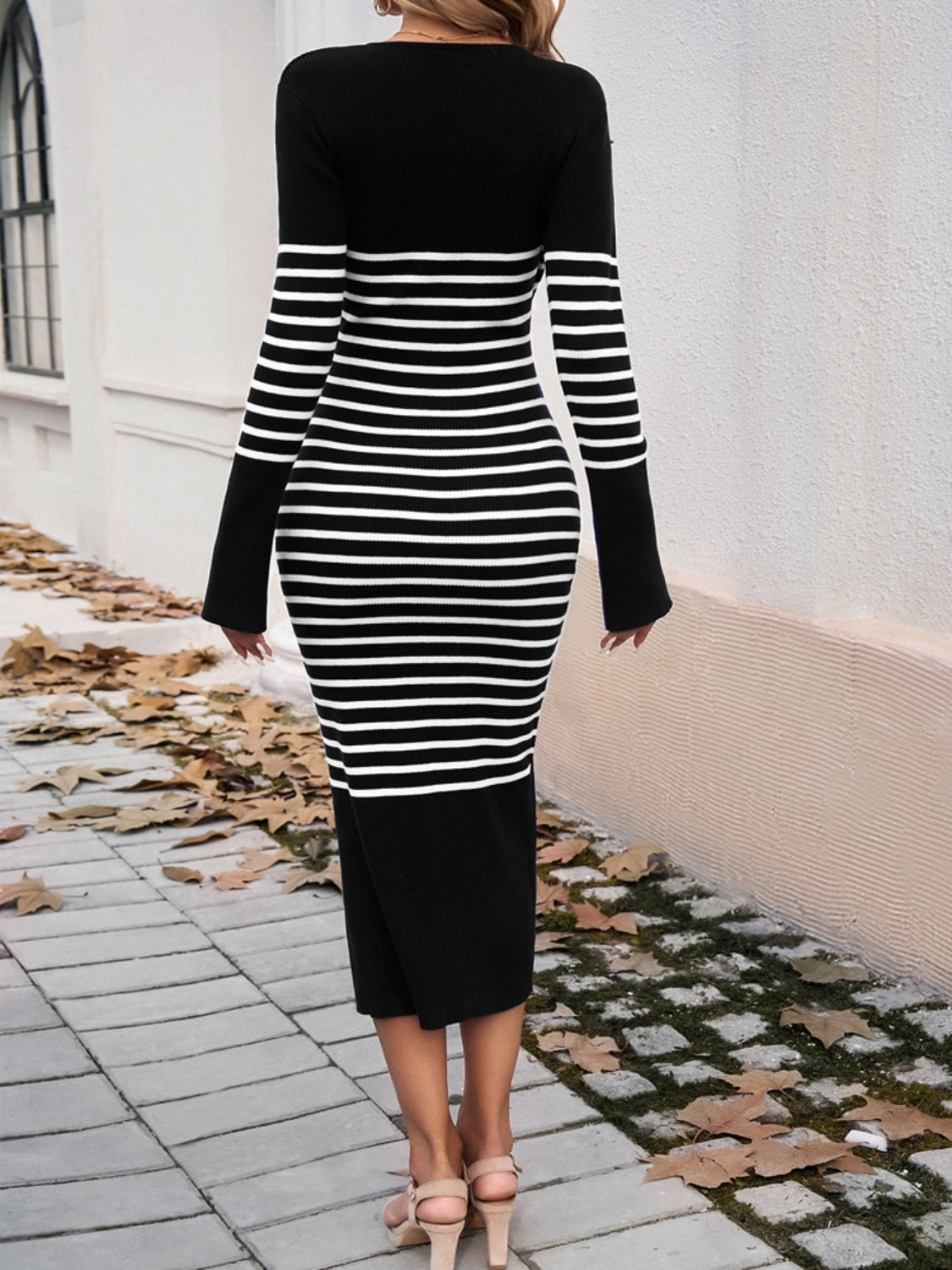 Devine Striped V-Neck Long Sleeve Sweater Dress - Pahabu - Women's Clothing & Shop