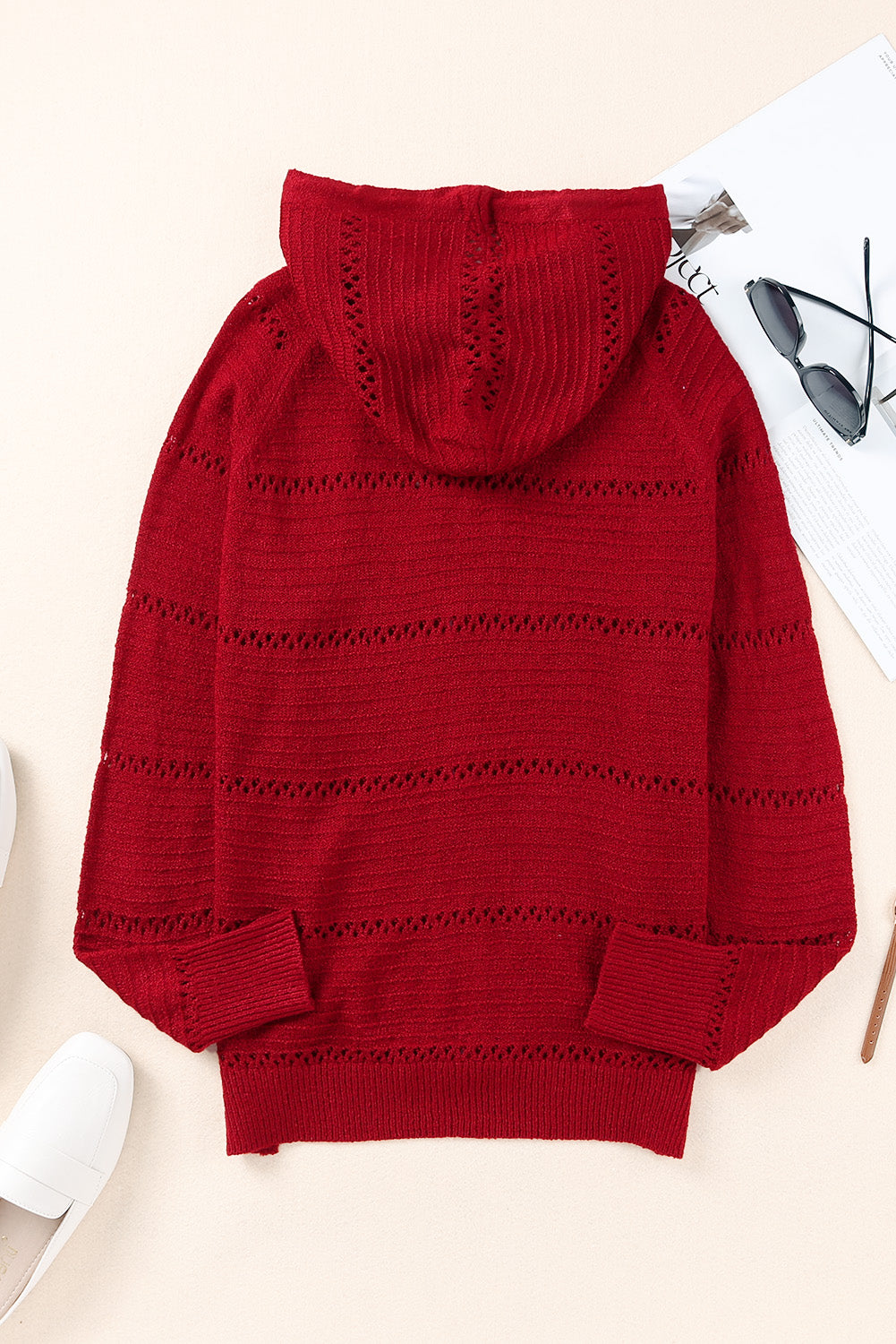 Zip-Up Raglan Sleeve Openwork Hooded Cardigan - Pahabu - Women's Clothing & Shop
