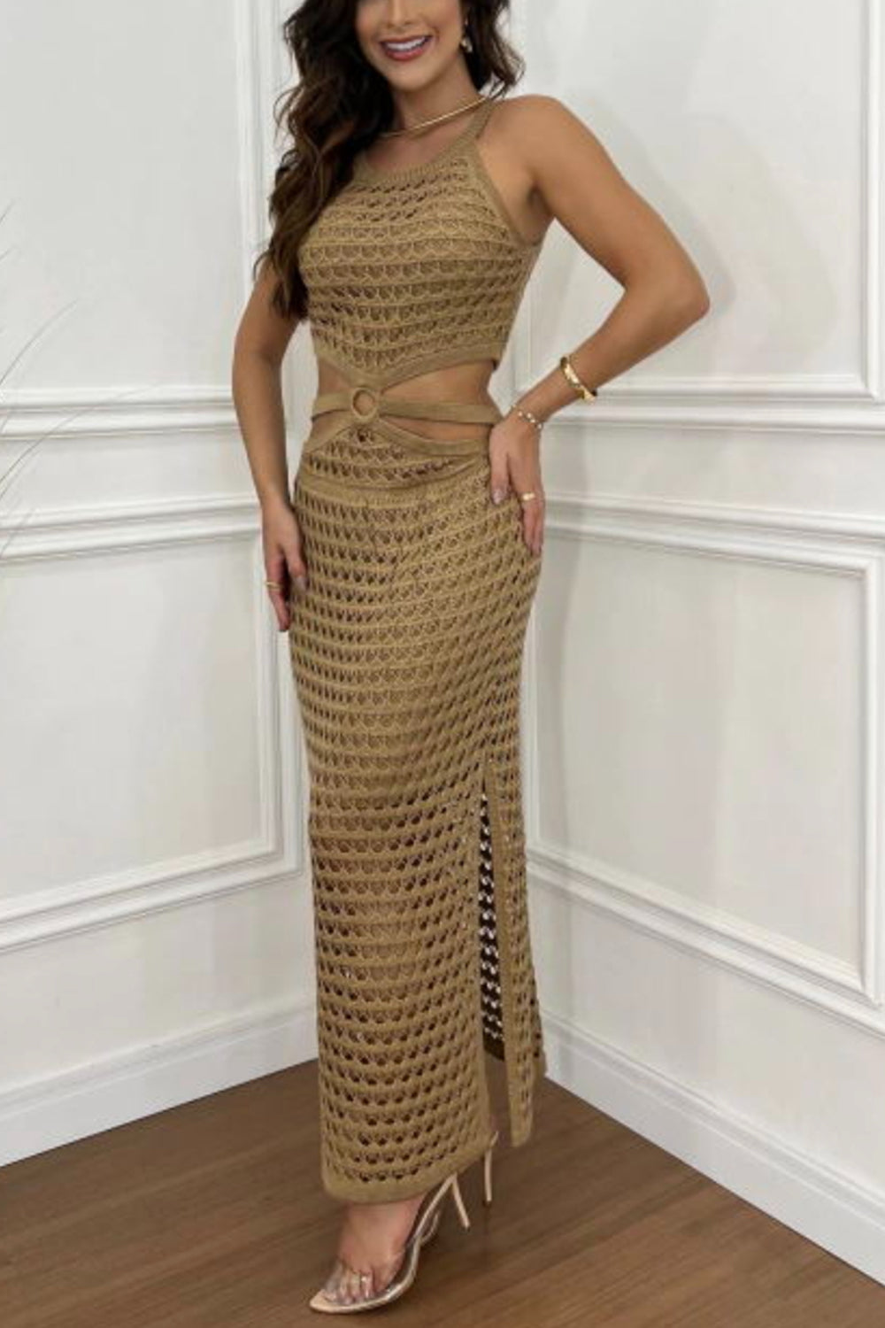 Cutout Slit Round Neck Sweater Dress - Pahabu - Women's Clothing & Shop