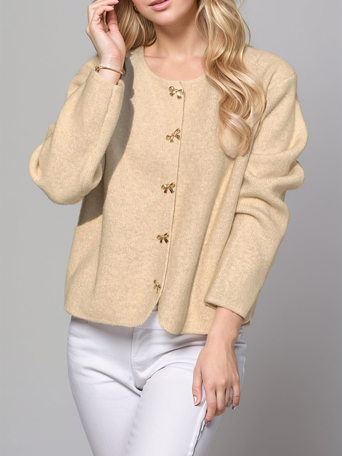 Bow Button Down Round Neck Long Sleeve Cardigan - Pahabu - Women's Clothing & Shop