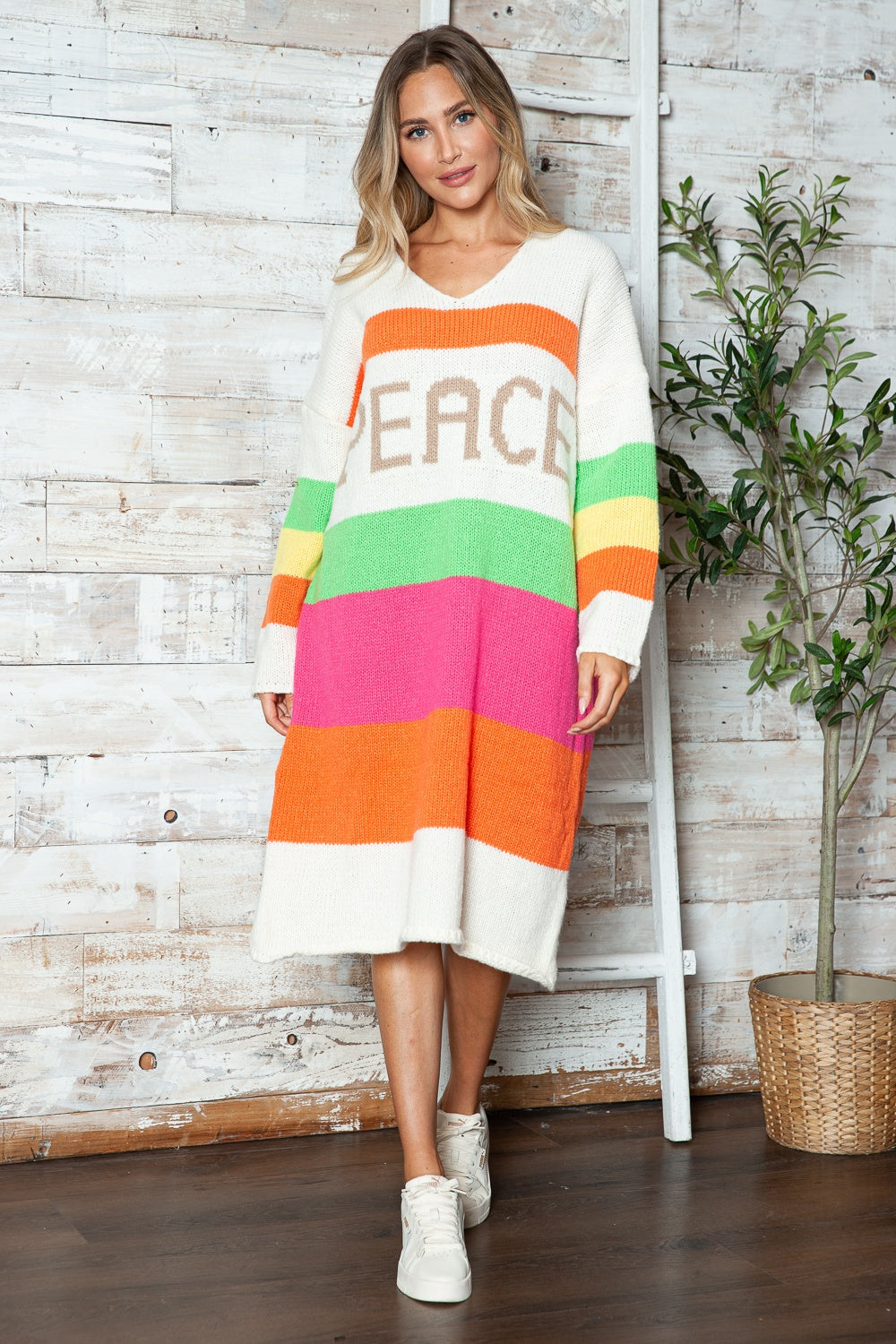 Color Block V-Neck Long Sleeve Sweater Dress - Pahabu - Women's Clothing & Shop