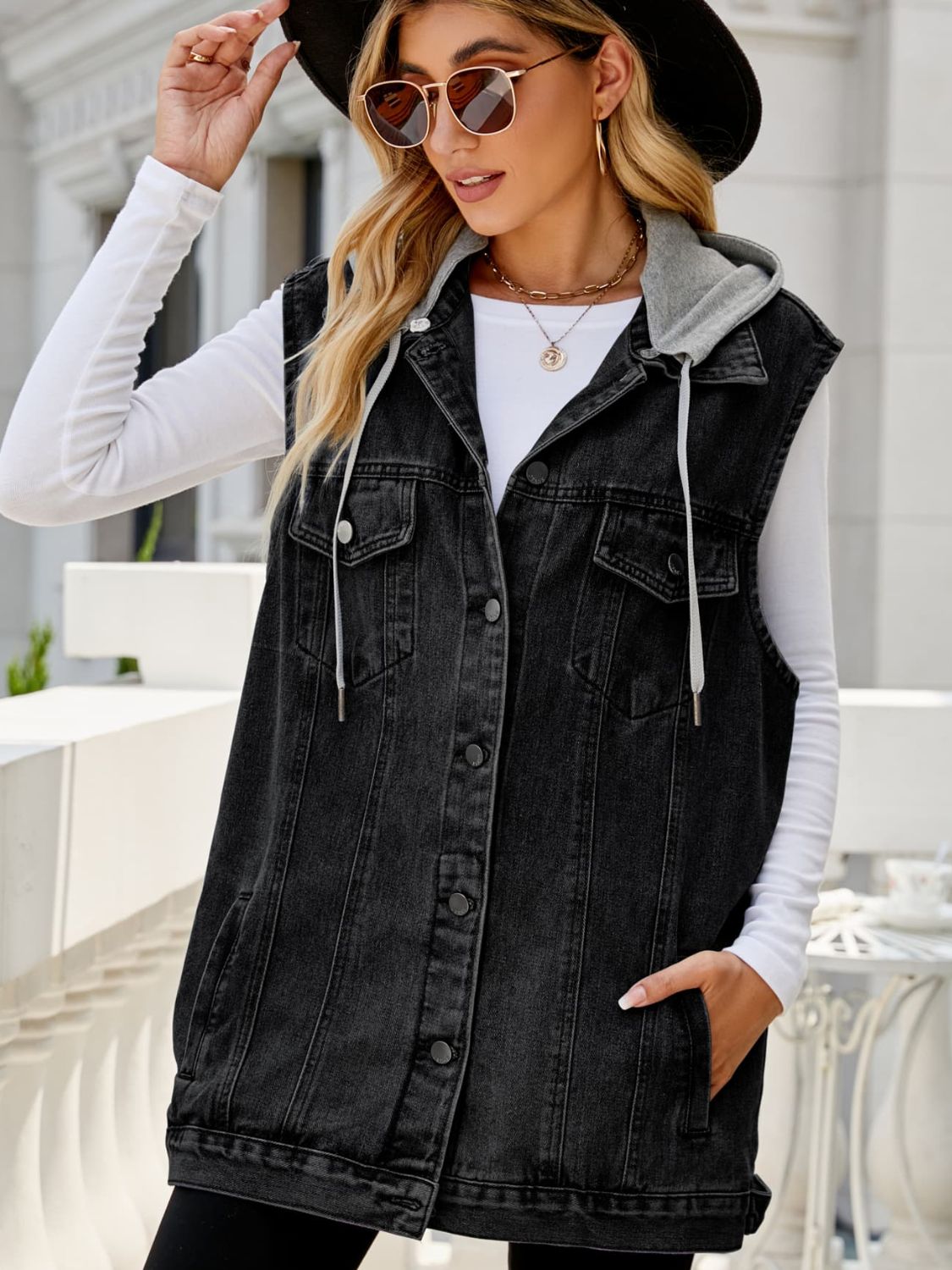 Drawstring Hooded Sleeveless Denim Top with Pockets - Pahabu - Women's Clothing & Shop
