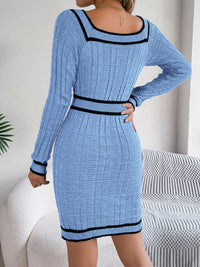 Contrast Trim Long Sleeve Sweater Dress - Pahabu - Women's Clothing & Shop